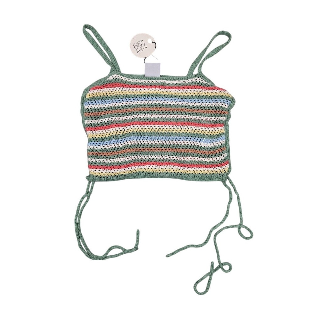 FCT WITH LOVE Womens Crochet Knit Striped Crop Top Green Multi Size Medium NEW